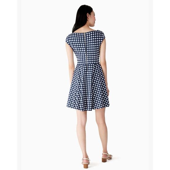 NWT Kate Spade Gingham Ponte Fiorella Navy Blue White Fit & Flare Dress - Picture 2 of 9